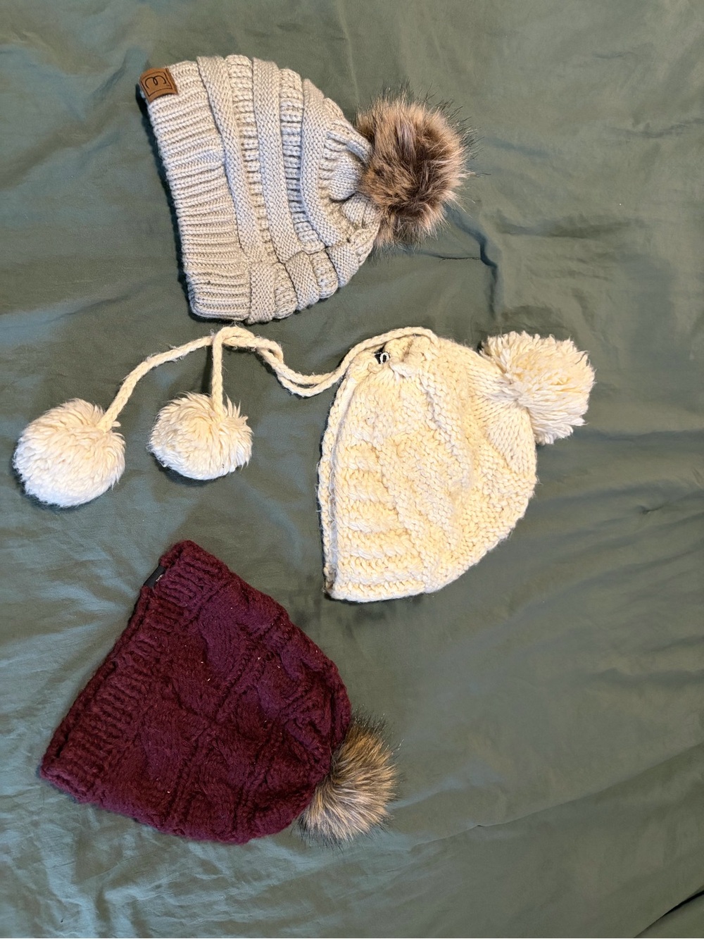 Source Unknown Knit Pom Beanie Trio - Cream, Light Gray, Burgundy